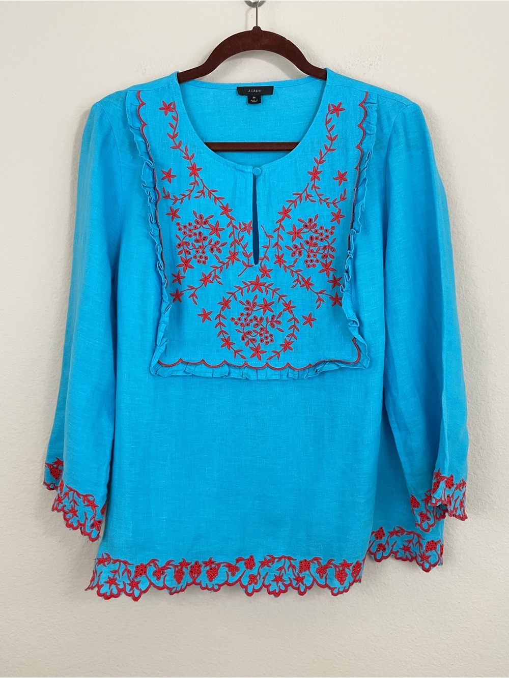 J. Crew Turquoise Linen Floral Embroidered Ruffle Peasant Top Size Medium